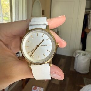 DKNY Gold-Tone Watch with White Dial and White Leather Strap